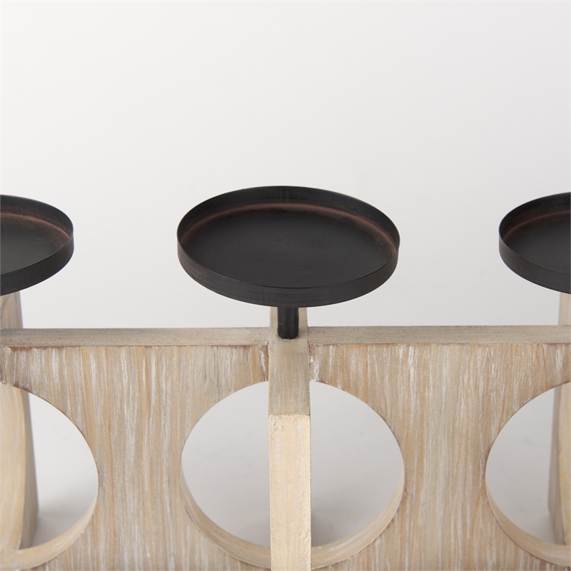 Pemberly Row Natural Wood with Black Metal Candle Holders in Brown