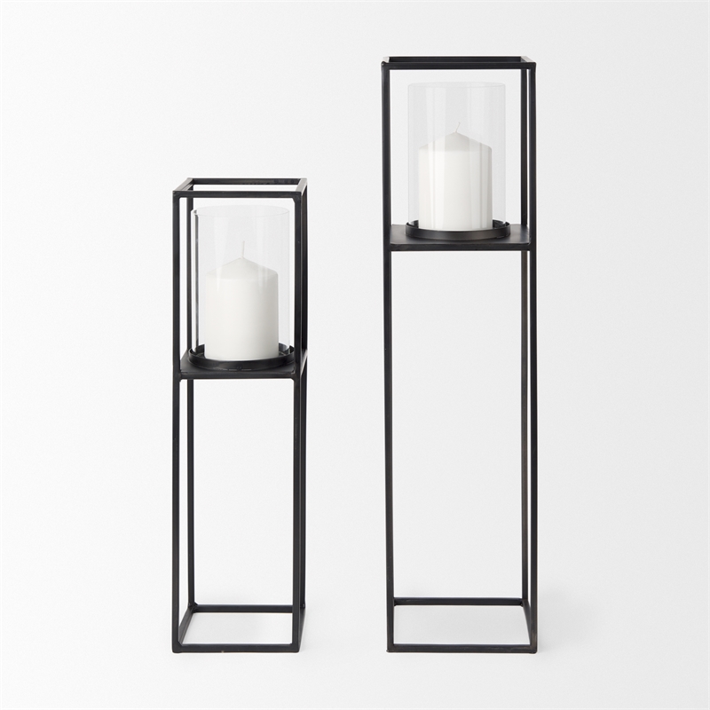 Pemberly Row Matte Black Metal Glass Pillar Tabletop Candle Holders in Set of 2