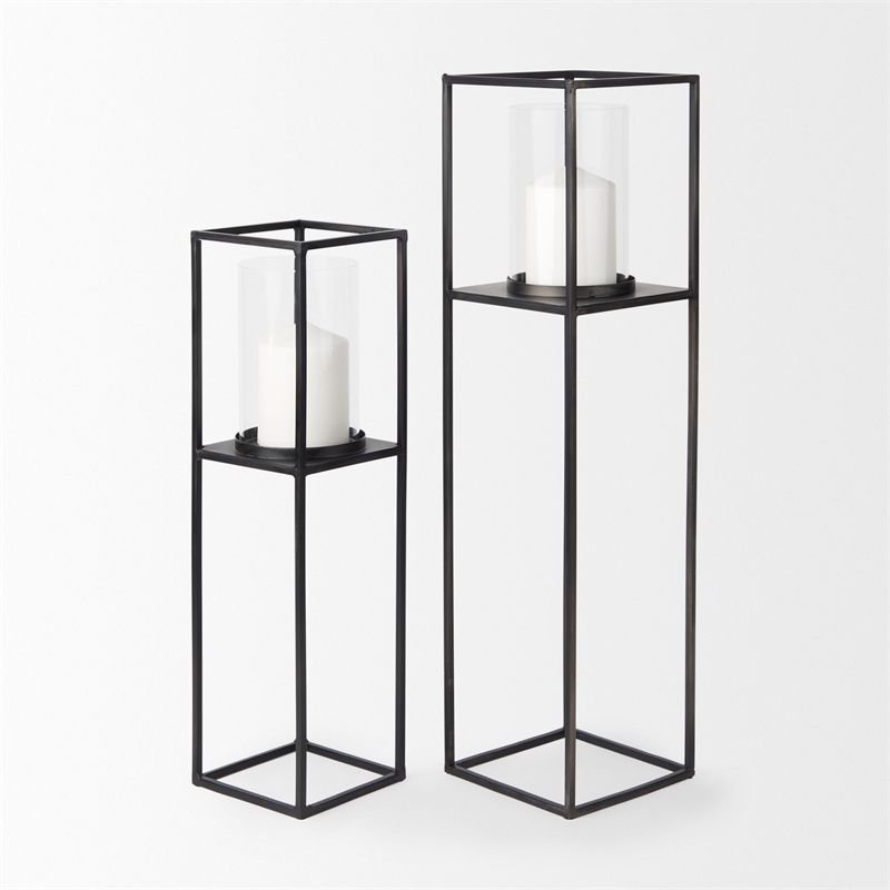 Pemberly Row Matte Black Metal Glass Pillar Tabletop Candle Holders in Set of 2