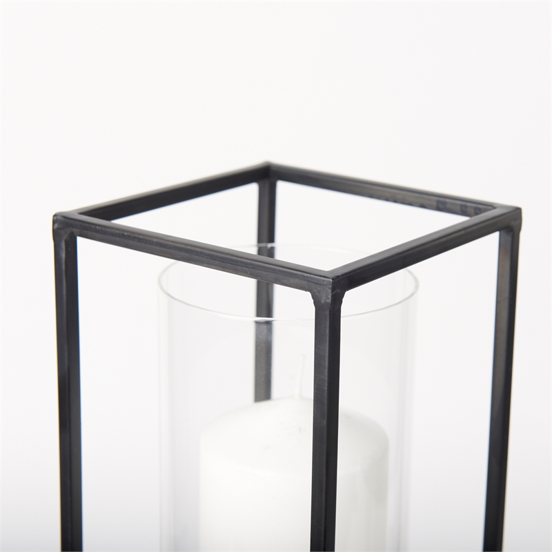 Pemberly Row Matte Black Metal Glass Pillar Tabletop Candle Holders in Set of 2