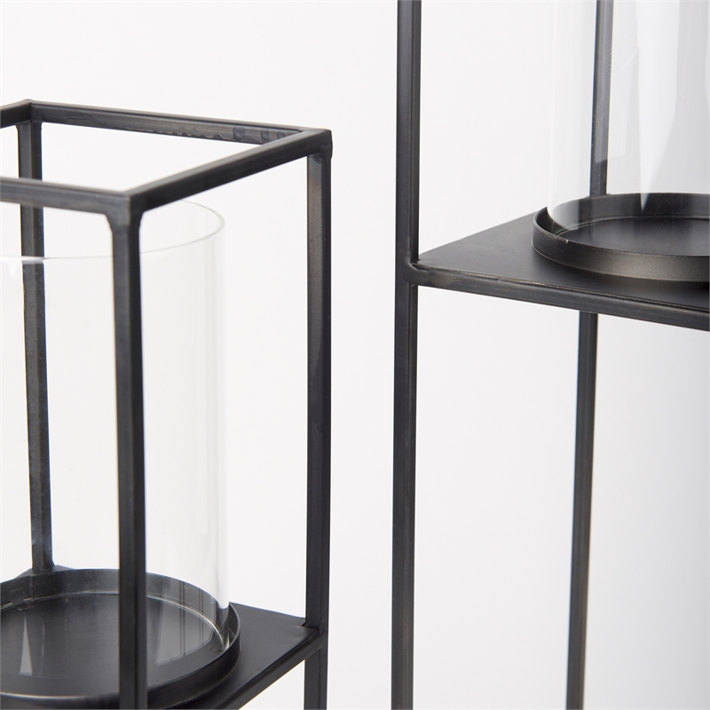 Pemberly Row Matte Black Metal Glass Pillar Tabletop Candle Holders in Set of 2