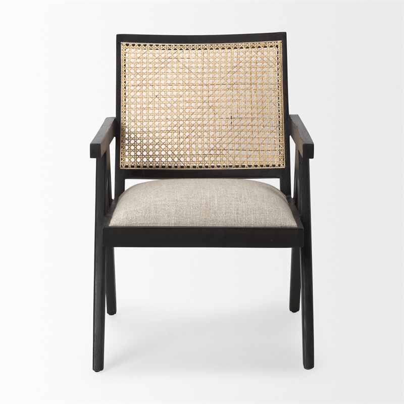 Pemberly Row Black Wood Cane-Back with Beige Upholstered Seat Accent Chair