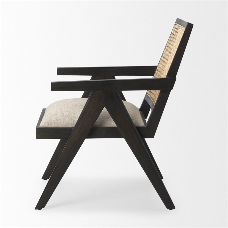 Pemberly Row Black Wood Cane-Back with Beige Upholstered Seat Accent Chair