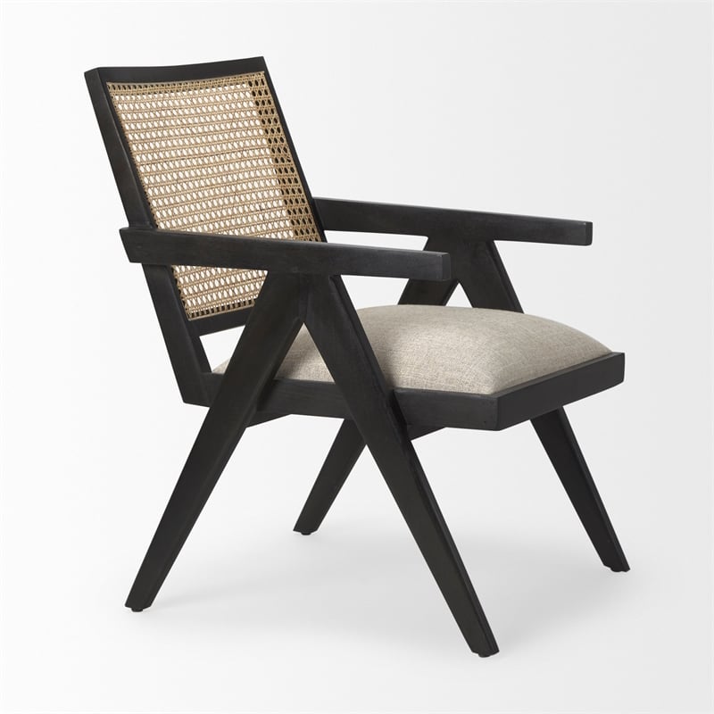 Pemberly Row Black Wood Cane-Back with Beige Upholstered Seat Accent Chair