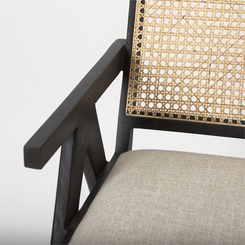 Pemberly Row Black Wood Cane-Back with Beige Upholstered Seat Accent Chair