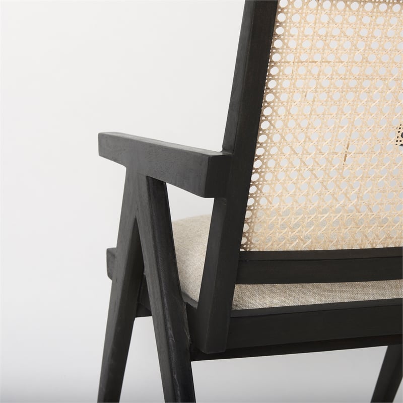 Pemberly Row Black Wood Cane-Back with Beige Upholstered Seat Accent Chair