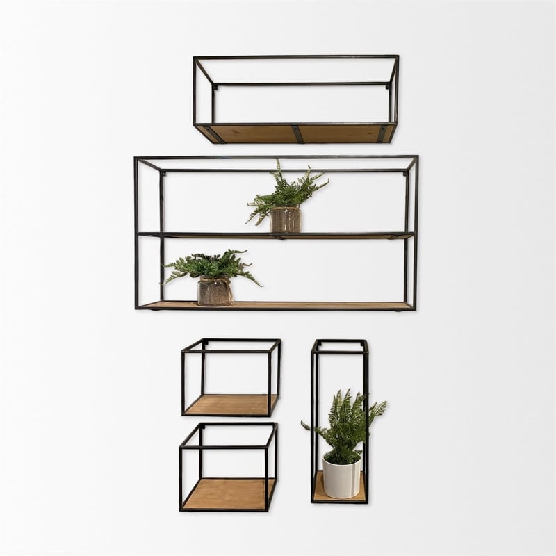 Pemberly Row Contemporary Set of 5 Wood & Metal Shelves in Black
