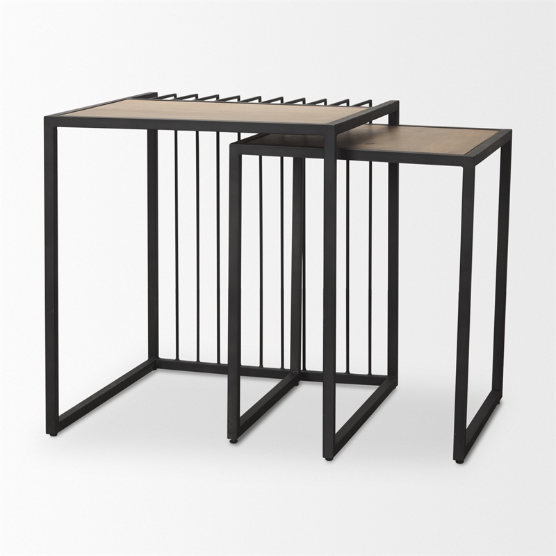 Pemberly Row Black Metal with Light Wood Nesting End/Side Table in Brown