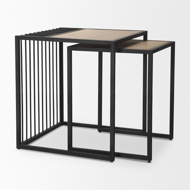 Pemberly Row Black Metal with Light Wood Nesting End/Side Table in Brown