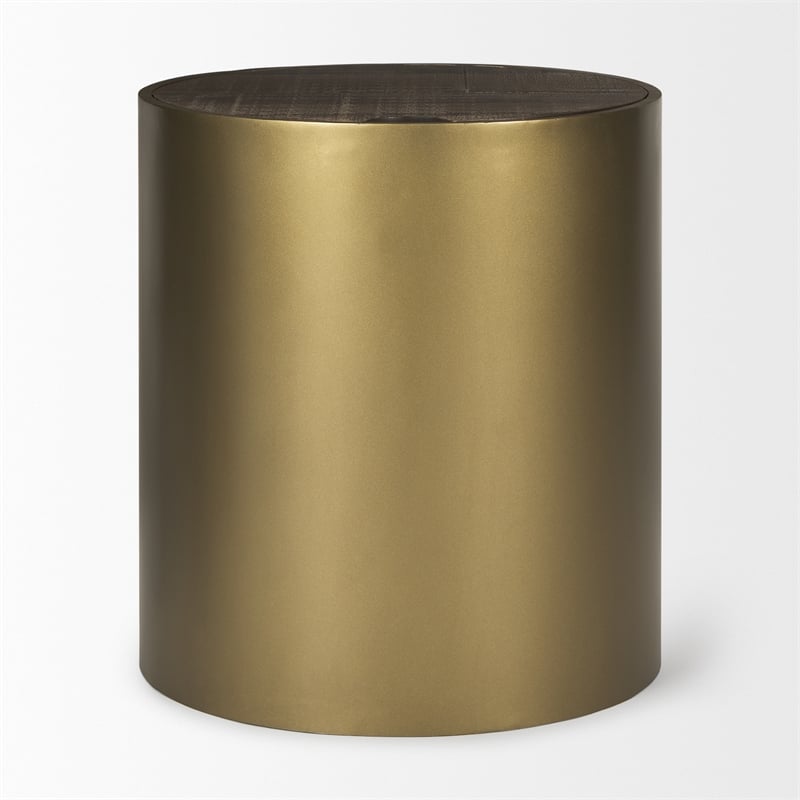 Pemberly Row Gold Metal Drum Base with Dark Brown Wood Top End/Side Table