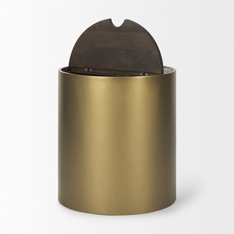 Pemberly Row Gold Metal Drum Base with Dark Brown Wood Top End/Side Table