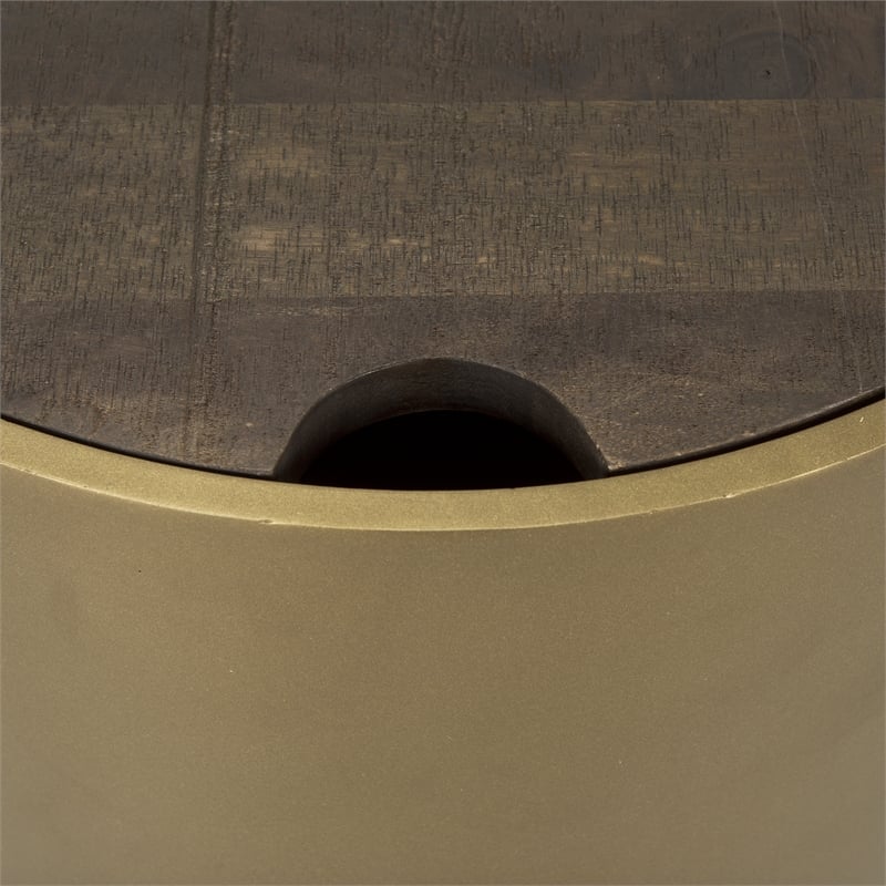 Pemberly Row Gold Metal Drum Base with Dark Brown Wood Top End/Side Table