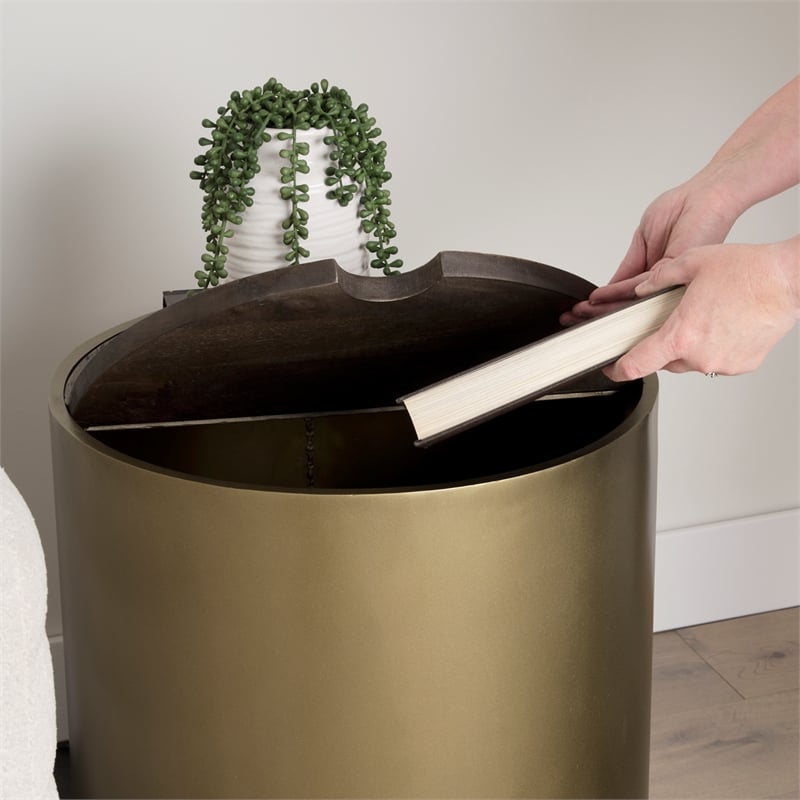 Pemberly Row Gold Metal Drum Base with Dark Brown Wood Top End/Side Table