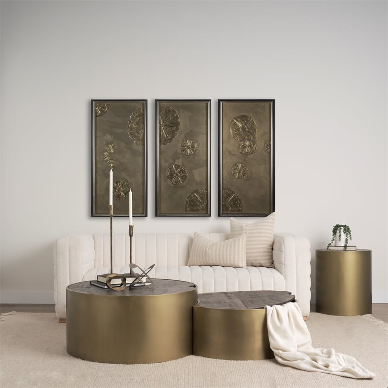 Pemberly Row Gold Metal Drum Base with Dark Brown Wood Top End/Side Table