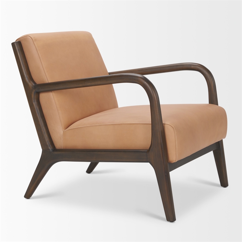 Pemberly Row Accent Chair with Dark Brown Wood And Tan Genuine Leather