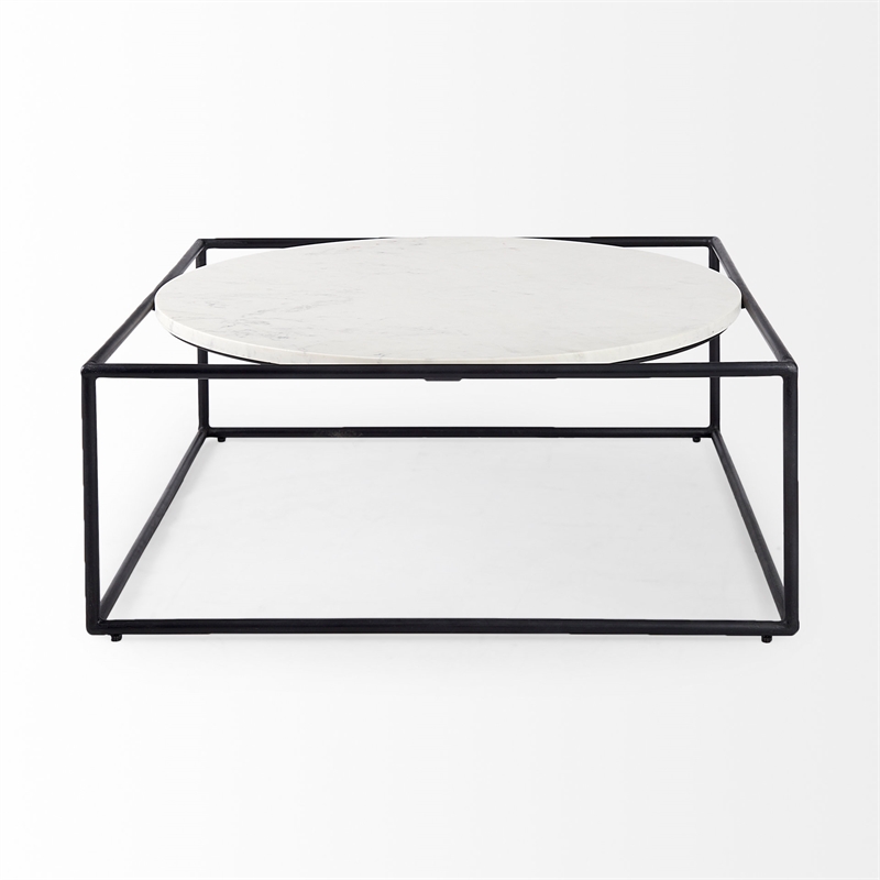Pemberly Row Round White Marble Top with Black Metal Frame Coffee Table