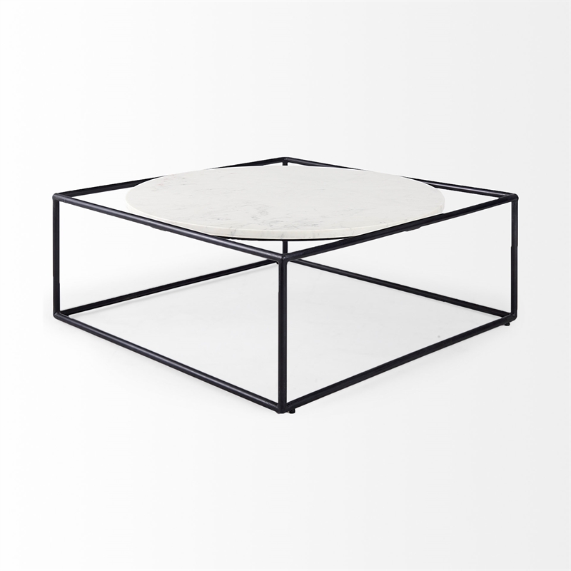 Pemberly Row Round White Marble Top with Black Metal Frame Coffee Table