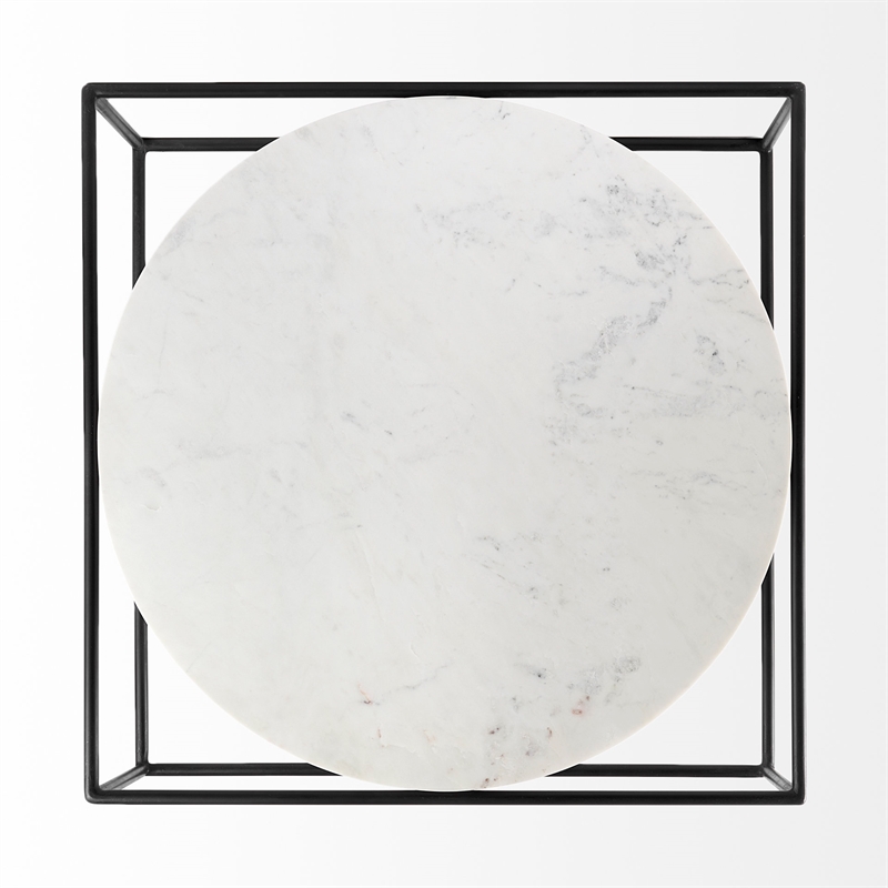 Pemberly Row Round White Marble Top with Black Metal Frame Coffee Table