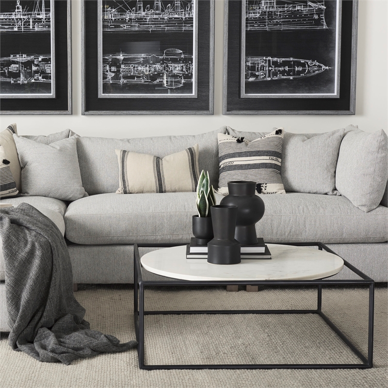 Pemberly Row Round White Marble Top with Black Metal Frame Coffee Table
