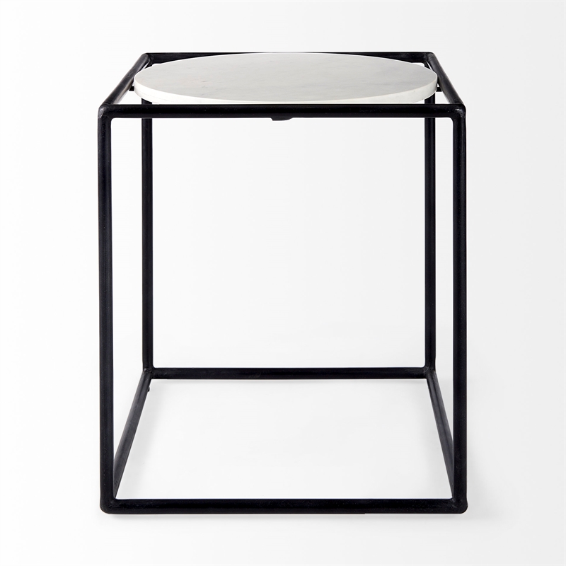 Pemberly Row Round White Marble Top with Black Metal Frame Side Table