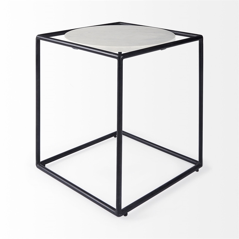 Pemberly Row Round White Marble Top with Black Metal Frame Side Table
