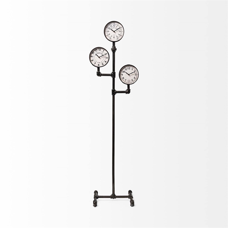 Pemberly Row Contemporary Black Iron Pipe Three Face Floor Clock