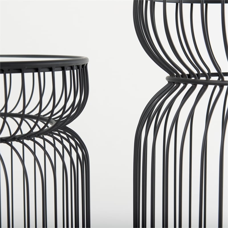 Pemberly Row Set of 2 Round Black Metal with Glass Accent Tables