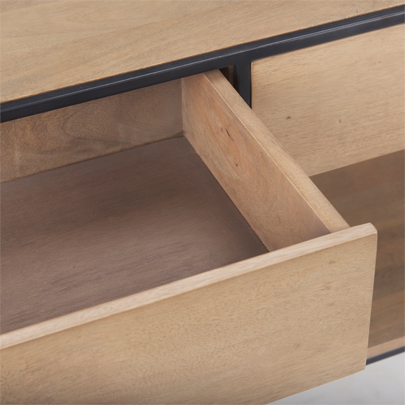 Pemberly Row Beige Wood with Black Metal Frame 2 Drawer Console Table