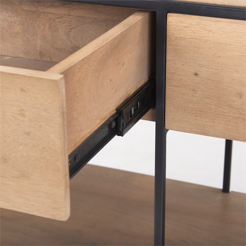 Pemberly Row Beige Wood with Black Metal Frame 2 Drawer Console Table