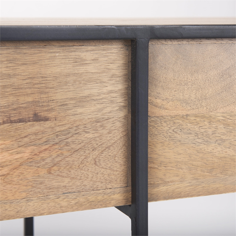 Pemberly Row Beige Wood with Black Metal Frame 2 Drawer Console Table