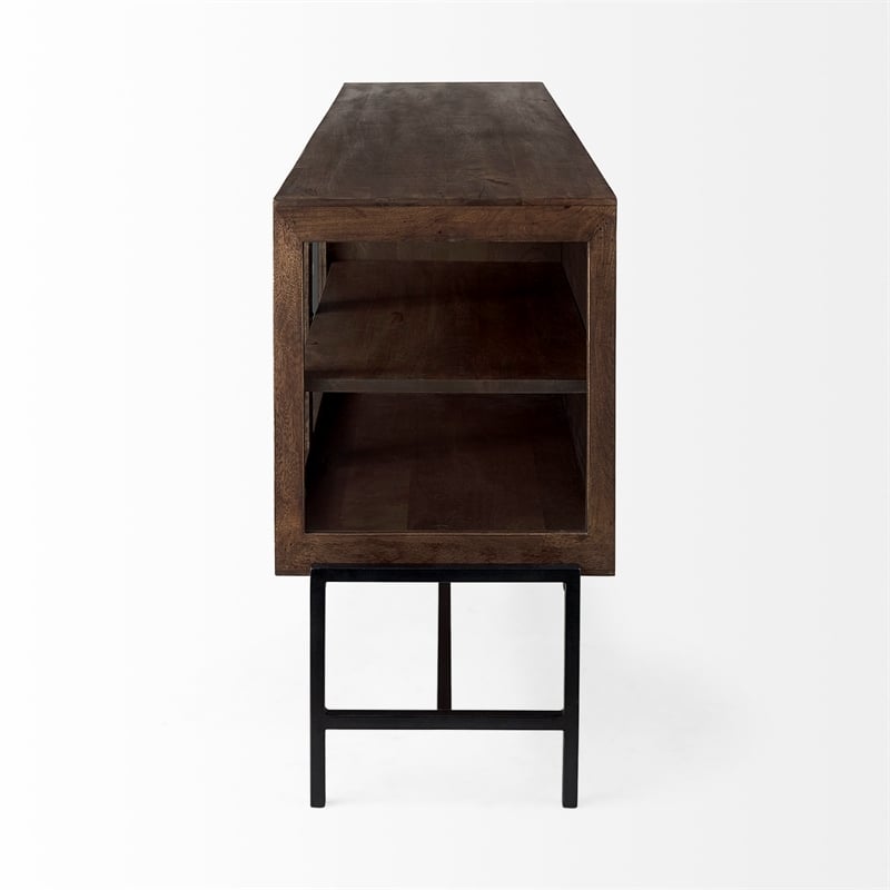 Pemberly Row Metal Base 4 Glass Door Cabinet Sideboard in Medium Brown/Black