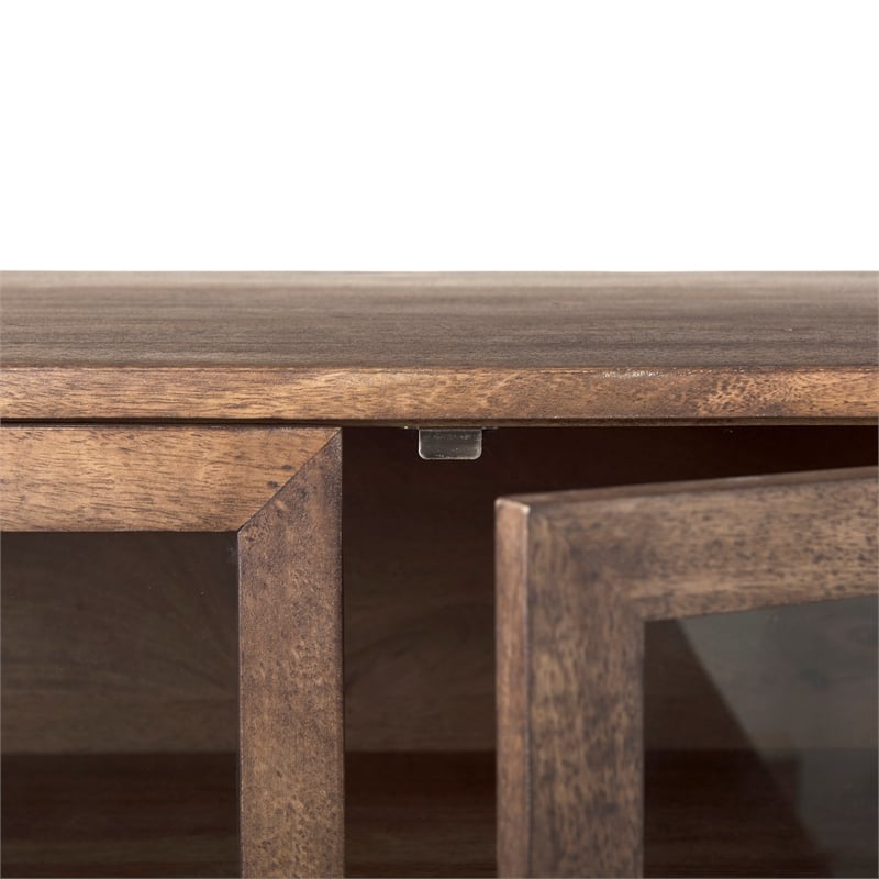 Pemberly Row Metal Base 4 Glass Door Cabinet Sideboard in Medium Brown/Black