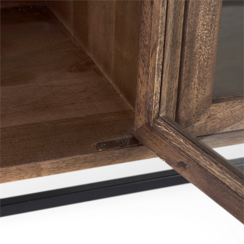 Pemberly Row Metal Base 4 Glass Door Cabinet Sideboard in Medium Brown/Black