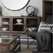Pemberly Row Metal Base 4 Glass Door Cabinet Sideboard in Medium Brown/Black