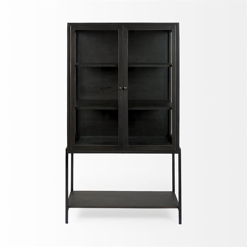 Pemberly Row Dark Brown Wood with Black Metal Base Display Cabinet