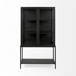 Pemberly Row Dark Brown Wood with Black Metal Base Display Cabinet