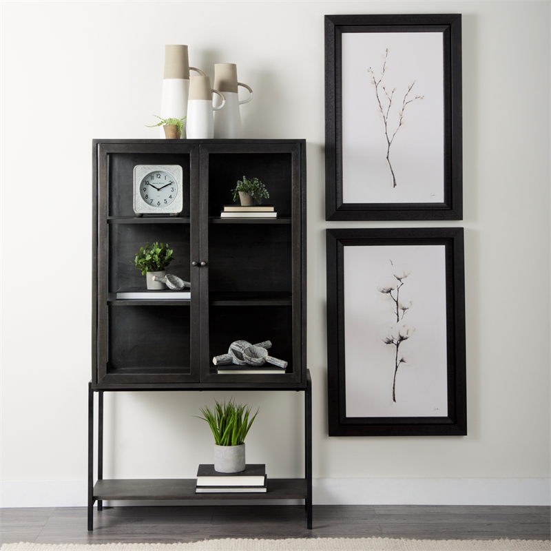 Pemberly Row Dark Brown Wood with Black Metal Base Display Cabinet