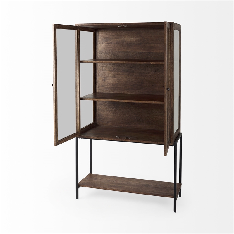 Pemberly Row Medium Brown Wood with Black Metal Base Display Cabinet