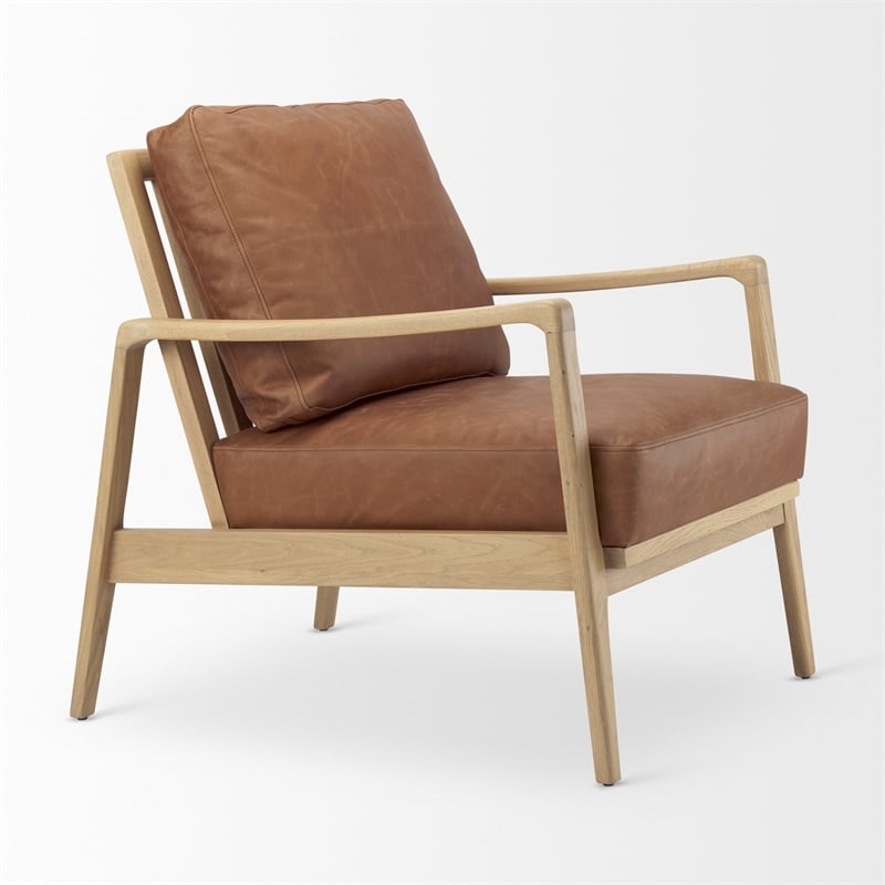 Pemberly Row Cognac Leather with Light Brown Wood Frame Accent Chair