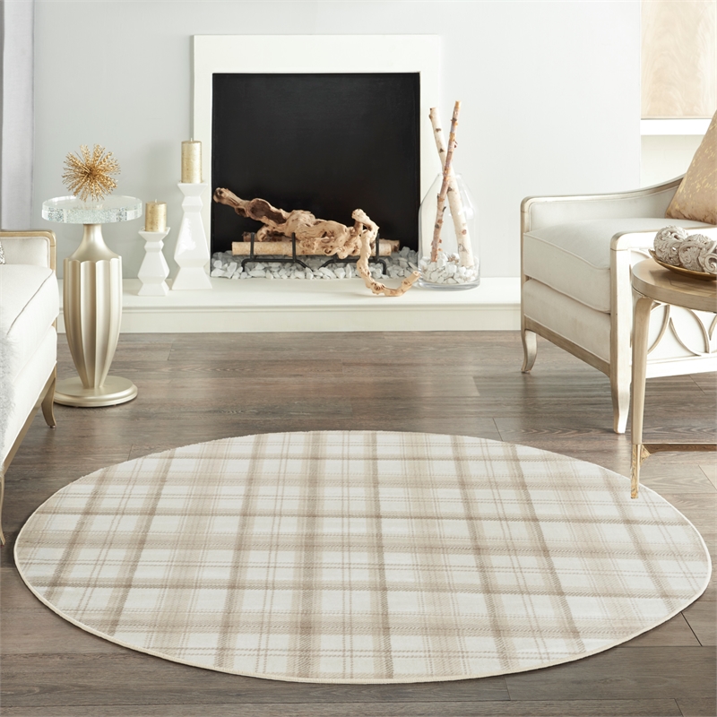 Pemberly Row Contemporary 8' Round Ivory Beige Fabric Area Rug