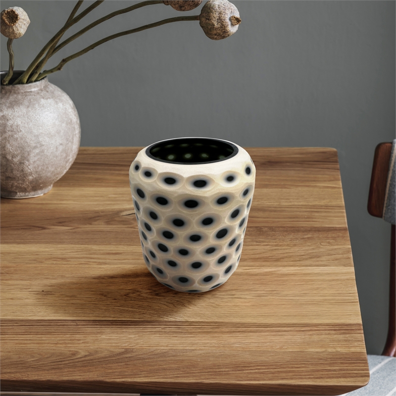 Pemberly Row Decorative Handmade Carved Lattice Glass Vase in Beige