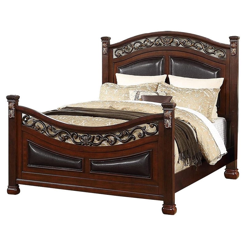 Pemberly Row Queen Size Bed- Padded Carved Dark Brown Faux Leather Upholstered