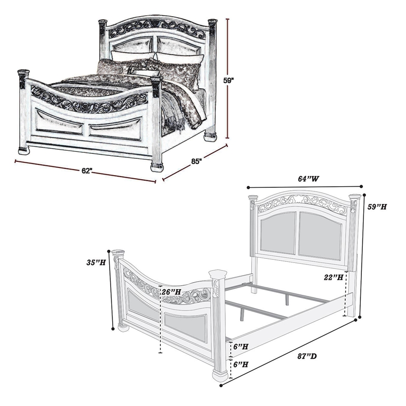 Pemberly Row Queen Size Bed- Padded Carved Dark Brown Faux Leather Upholstered