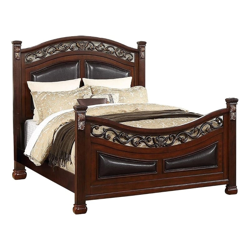 Pemberly Row Queen Size Bed- Padded Carved Dark Brown Faux Leather Upholstered