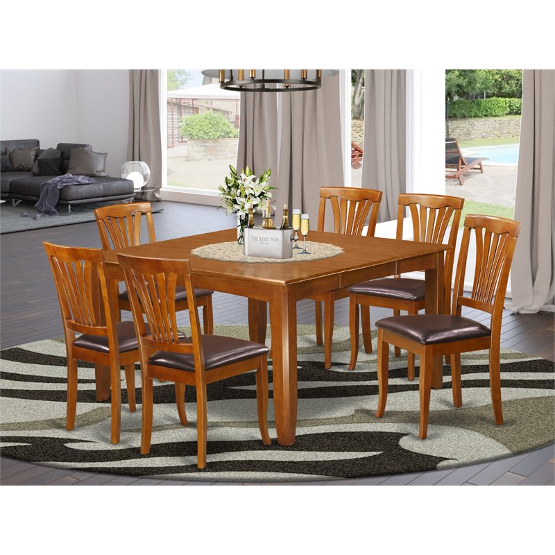 Pemberly Row 7-piece Dining Set with Leather Seat in Saddle Brown