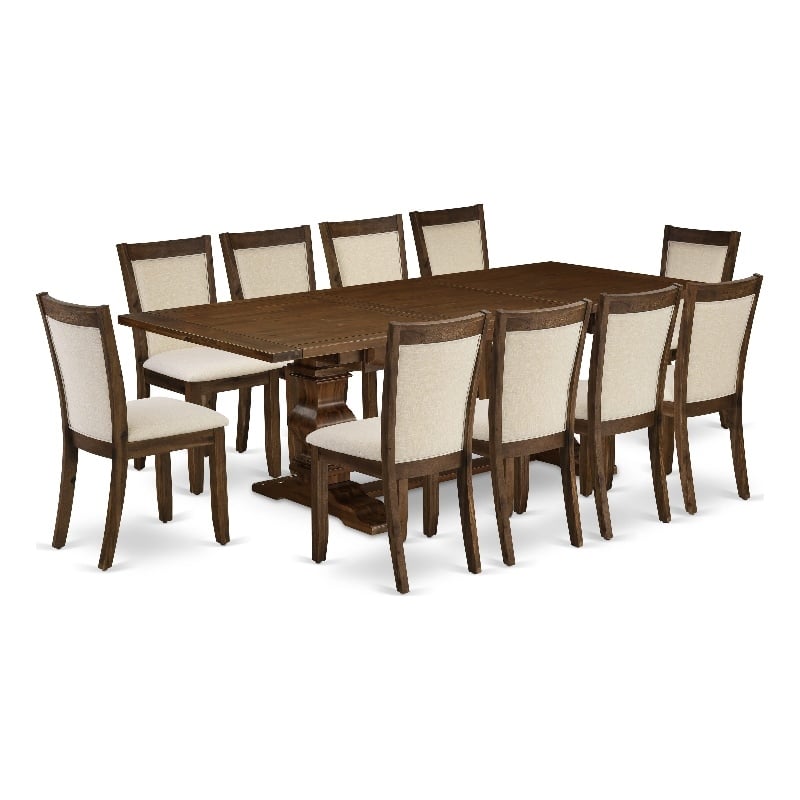 Pemberly Row Dining Table and 10 Light Beige Chair in Antique Walnut