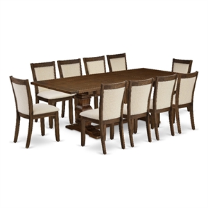 Pemberly Row Dining Table and 10 Light Beige Chair in Antique Walnut