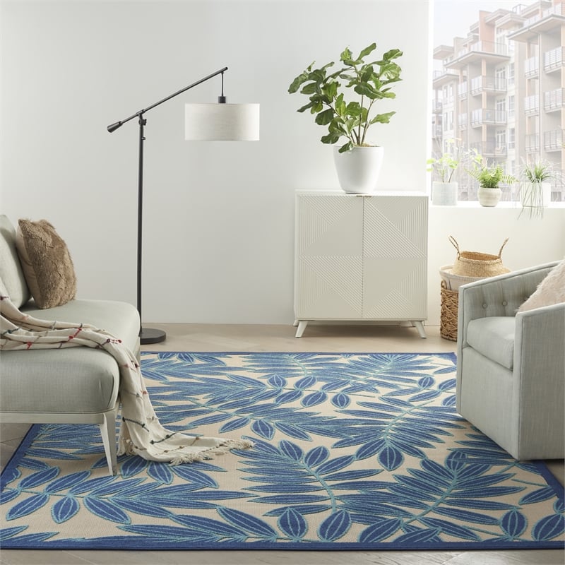Pemberly Row 6'x9' Navy Blue and White Fabric Tropical Area Rug (6'x9')