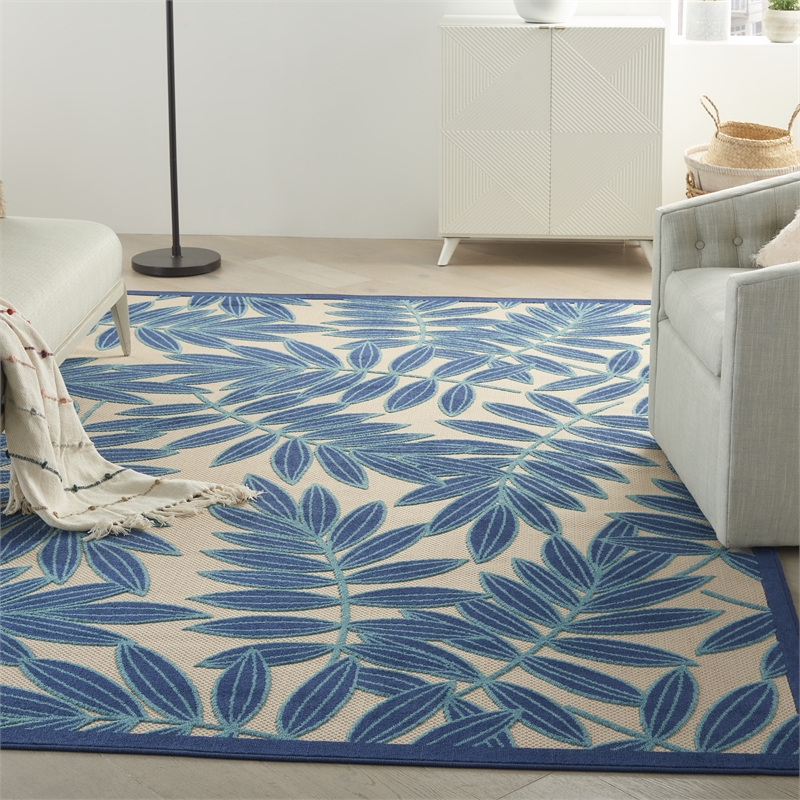 Pemberly Row 6'x9' Navy Blue and White Fabric Tropical Area Rug (6'x9')