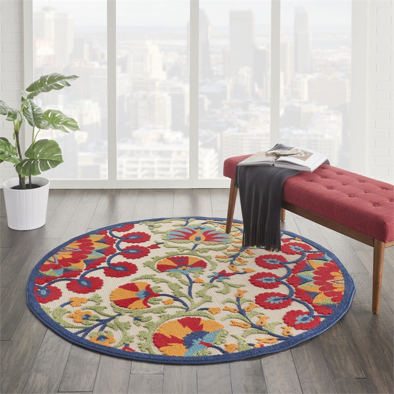 Pemberly Row 4' Round Red/Multi Indoor/Outdoor Polypropylene Rug